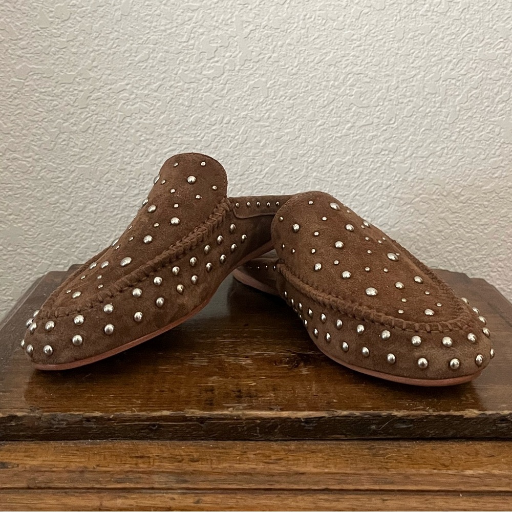 NWT Schutz women’s size 8 studded suede brown backless slip-on loafers leather